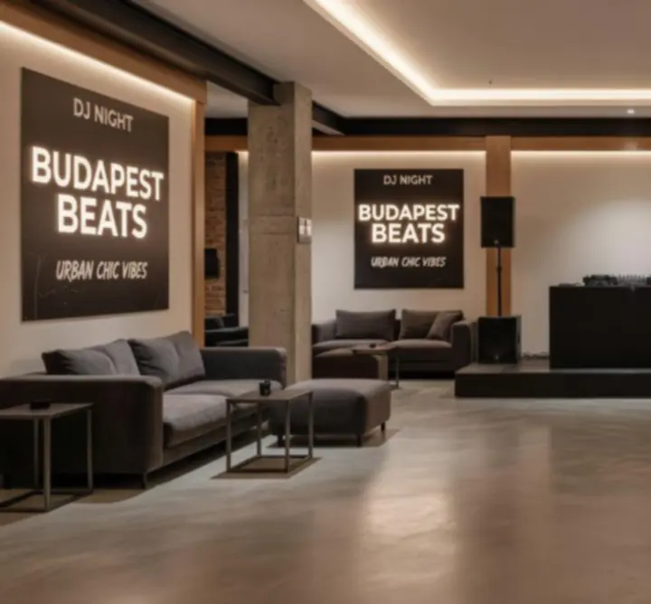 Modern, hangulatos DJ party helyszín meleg fényekkel és tánctérrel.
