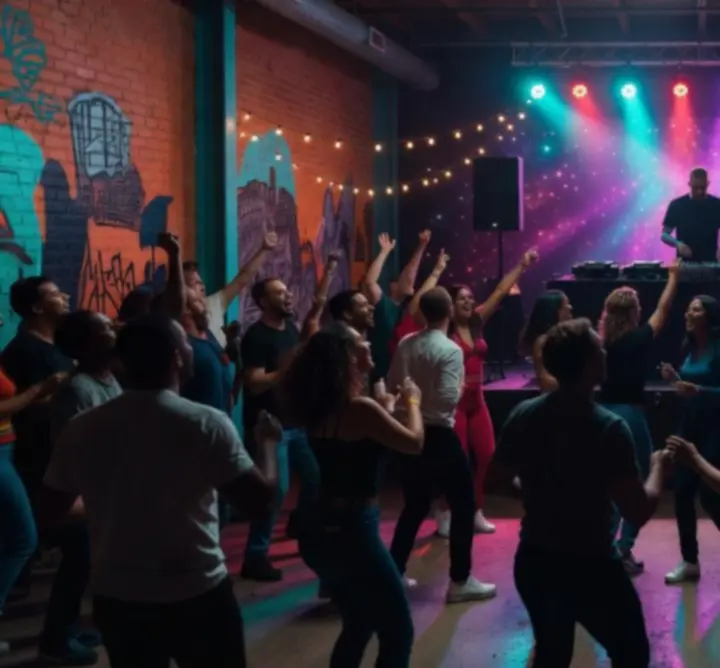 DJ party és éjszakai buli dinamikus fényei és táncoló vendégek.