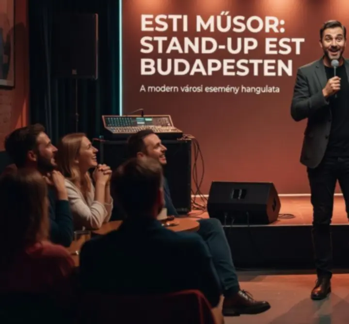 Stand-up humorista élő színpadon, reflektorfényben, nevető közönséggel szemben.